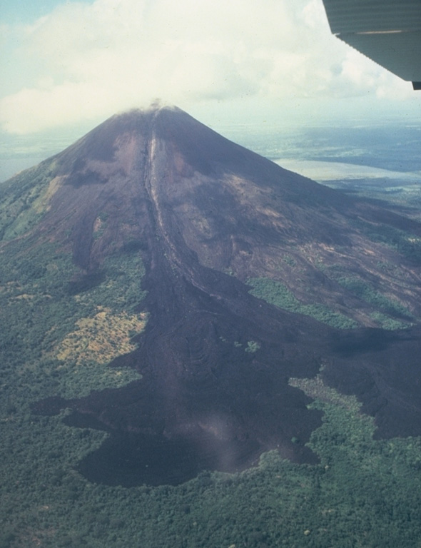 The 1905 lava flow originated from the breached summit crater and traveled down levees on the upper part of the cone before spreading laterally into forests at the NE base of Momotombo.  A minor explosive eruption accompanied the lava flow, the latest of many flows that reached the base of the volcano.  Photo by Jaime Incer, 1981.