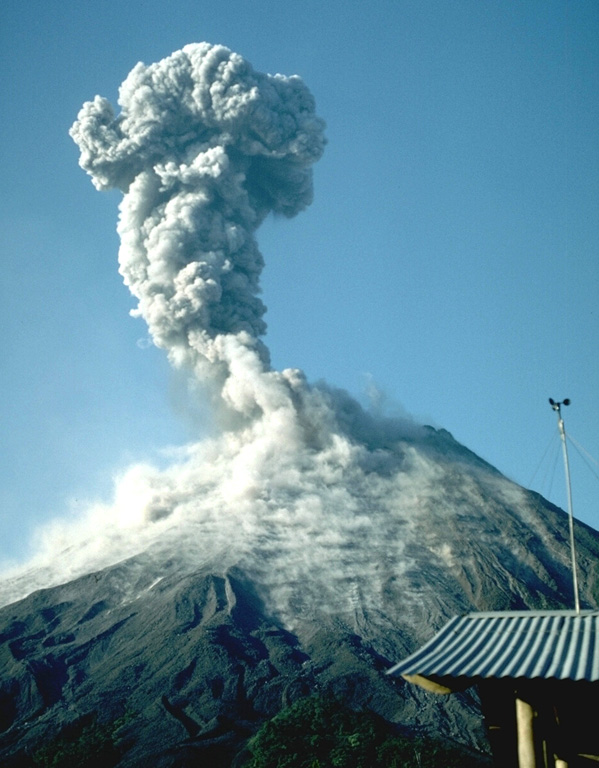 An increase in Strombolian eruptions at Arenal had begun in March 1990. An ash plume rises above the summit on 4 April 1990, seen here from the volcano observatory 2.5 km S. This was part of a long-lived eruption that began in 1968. Explosions produced ash plumes to heights of 1 km above the summit and were accompanied by a lava flow that descended the Río Tabacón on the NW flank down to 700 m altitude. Small pyroclastic flows were also produced.  Photo by William Melson, 1990 (Smithsonian Institution)