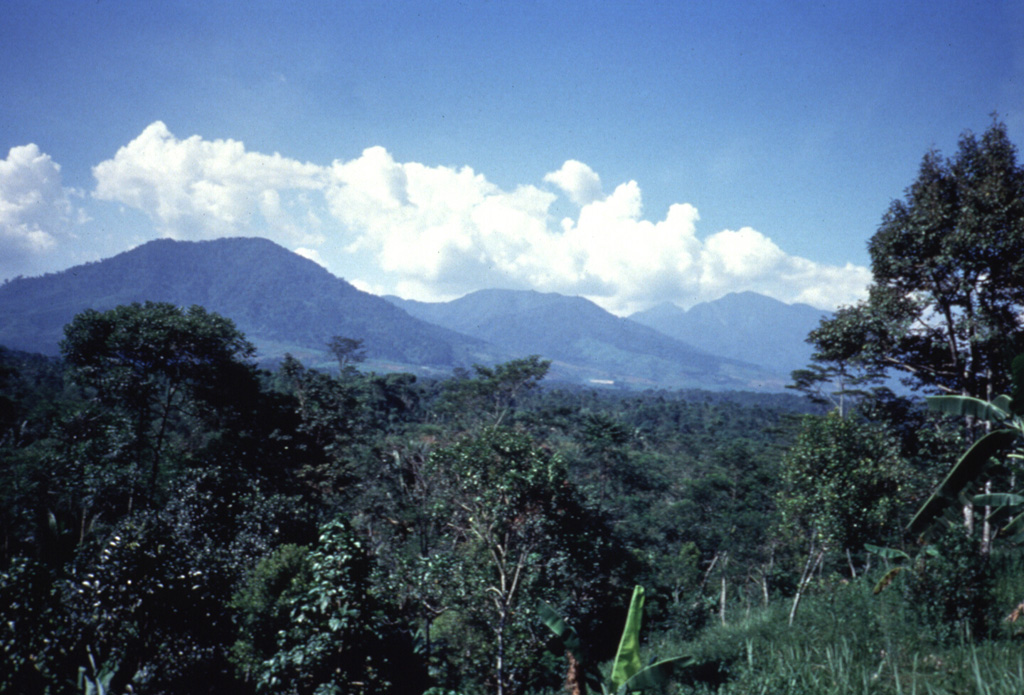 The deeply eroded Gunung Perbakti (center) rises above forests to its N, flanked by Gunung Endut (left) and Gunung Salak (right) volcanoes. Perbakti and Endut are part of the Perbatkti-Gagak volcanic complex. The summit ridge of Perbakti is elongated in a NW-SE direction, and Endut volcano rises to the SW of Perbakti. Phreatic explosions have occurred during historical time at the Perbakti-Gagak complex as well as geothermal activity. Anonymous, 1989.