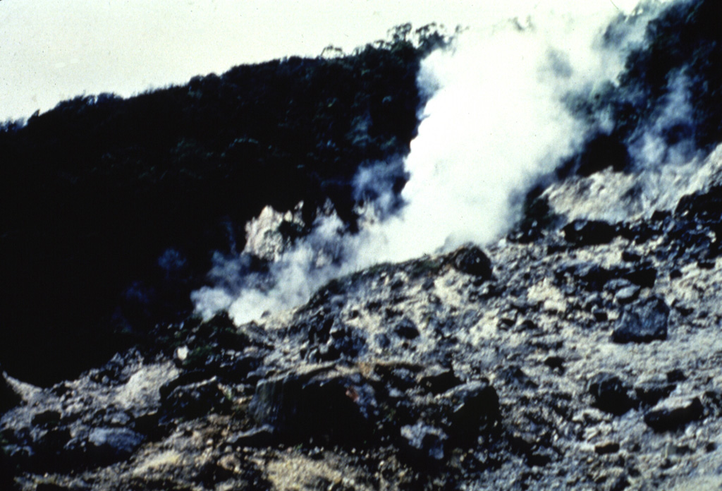A plume rises from the Wayang fumarole in the summit crater of Gunung Wayang. Fumaroles occur in the summit crater and at Kawah Cibolang (also known as Kawah Bodas) on the SE flank. The crater of Gunung Windu, the other peak of the Wayang-Windu complex, lacks fumarolic activity. Anonymous, date unknown.