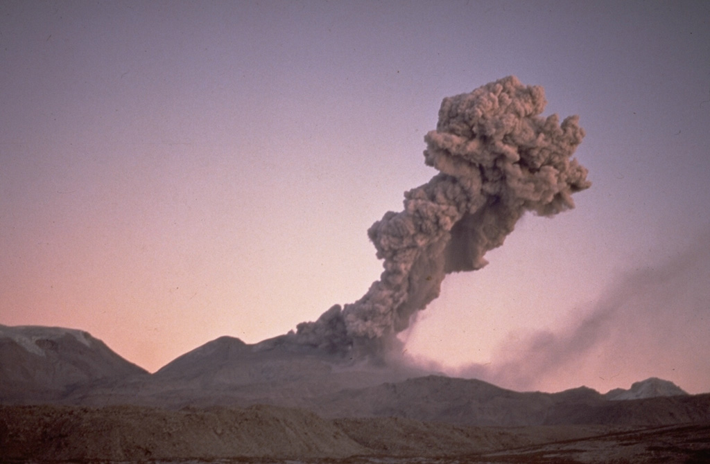 Winds deflect an eruption column from Sabancaya volcano to the NE on July 13, 1990.  Residents living near the volcano reported an explosive eruption from Sabancaya that began on May 28, 1990.  Initially, several explosions occurred per day, producing plumes to about 2 km height.  Activity intensified on June 4, and by the 8th explosions occurred at intervals of 5-10 minutes and ashfall covered a radius of 20 km.  More-or-less constant ash emission continued until 1998. Photo by Guido Salas, 1990 (University of San Antonio, Arequipa).