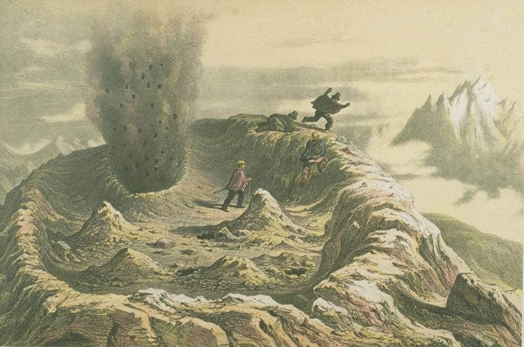 A somewhat fanciful sketch depicts visitors fleeing a small phreatic explosion from a vent in the summit crater of Antuco volcano on March 1, 1839.  Historical eruptions of Antuco have been recorded since the middle of the 18th century.  All historical activity has consisted of mild-to-moderate explosive eruptions, with the exception of a flank eruption during 1852-53 that produced a lava flow. From the collection of Maurice and Katia Krafft.