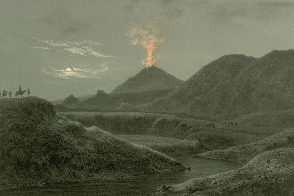 The 1845 eruption of Hekla volcano is depicted in this sketch as seen from Selsund, SW of the volcano.  Tephra from the eruption, which began on September 2, was carried to the ESE.  Locally, the fluorine-rich ashfall took a large toll on livestock, and fine ash fell as far away as the Faroe, Shetland, and Orkney islands.  Lava flows covered about 25 km2 and moved mainly to the west and NW.  The eruption lasted for seven months. From the collection of Maurice and Katia Krafft.