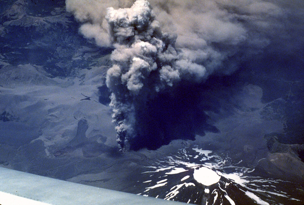 Four days into an eruption of Lonquimay volcano that began on 25 December 1988 an ash plume rises above a vent on the NE flank. Winds distribute the ash to the SE. Heavy ashfall lasted over a year, causing severe economic disruption. This east-looking view shows the ice-filled summit crater of Lonquimay at the bottom right.  Photo by Jeff Post, 1988 (Smithsonian Institution).