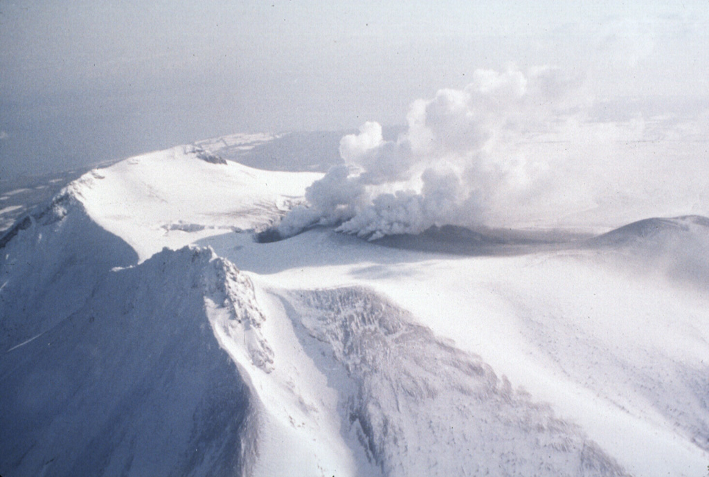 The 1996 Komagatake eruption occurred at several vents seen producing plumes in this 7 March view of the summit from the W. A phreatic eruption began the evening of 5 March from the 1929 crater and a fissure, depositing the ash seen here. Activity consisted of steam-rich ash plumes that declined after 12 March. Photo by Shin Engineering Company, 1996 (courtesy of Mitsuhiro Yoshimoto, Hokkaido University).