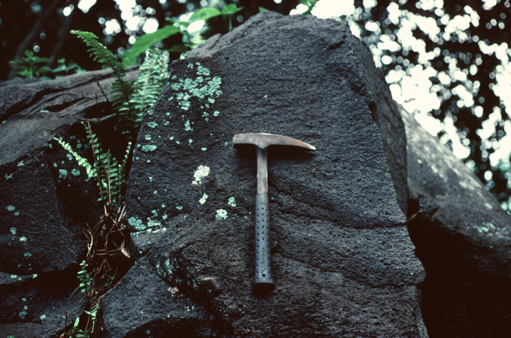 The flat, grooved surface of this lava block was sandblasted by high-velocity pyroclastic surges during an eruption in 1775.  The pyroclastic surges accompanied formation of the 700-m-wide Tolire Jaha maar on the NW flank of Gamalama.   Photo by Jack Lockwood, 1980 (U.S. Geological Survey).