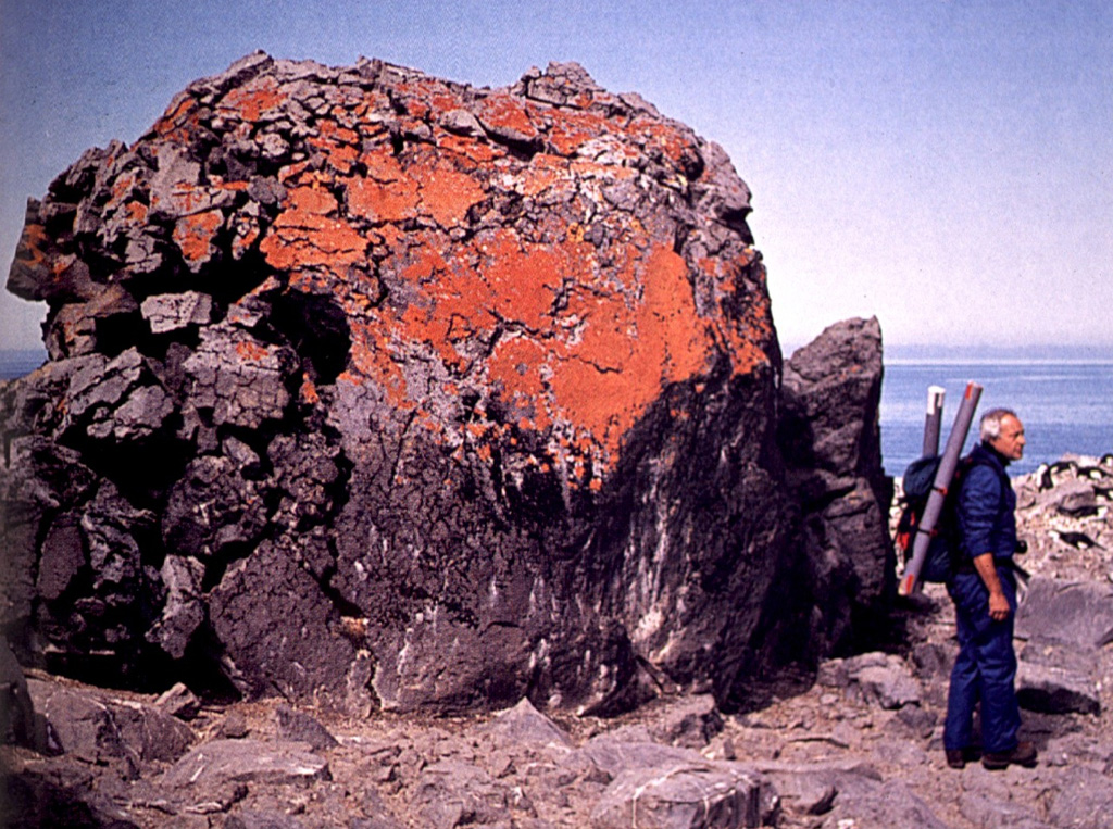 This large block, about 4 m3 in size, was expelled by phreatomagmatic explosions accompanying the formation of Petrel Crater maar. The eruption, which formed a low relief 300-m-wide crater in about 1905 CE, marked the most recent recorded activity on Penguin Island. The growth rate of the reddish-orange lichens mantling the upper part of the ejected block was used to estimate the date of the eruption. Photo by Oscar González-Ferrán (University of Chile).