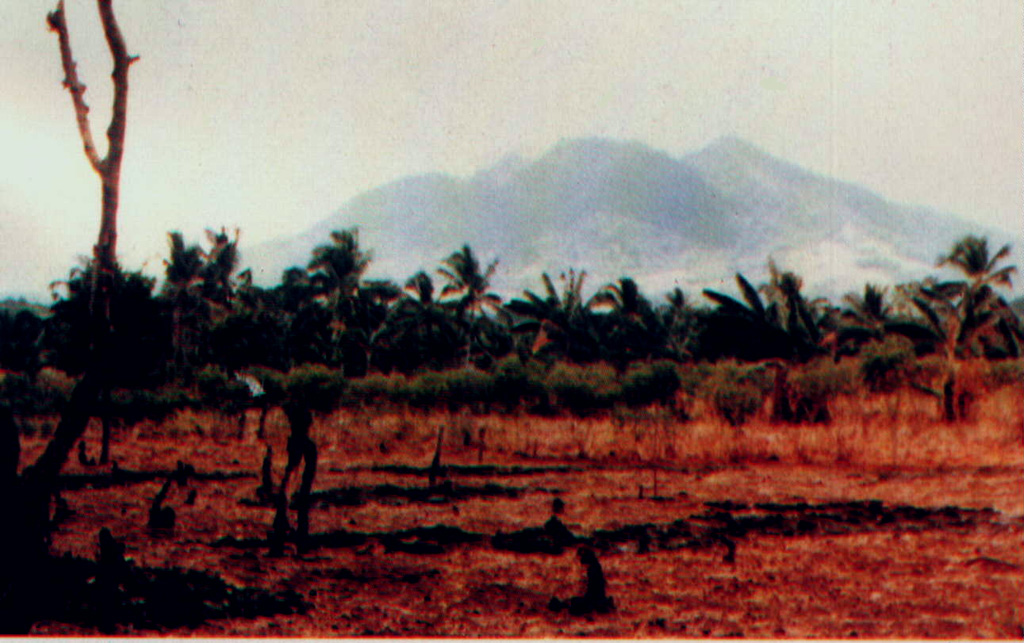 Ilimuda volcano, rising above Sukutukang village on its WSW flank, has a large crater that opens to the SE. The volcano overlooks Konga bay to the E. An active fumarole is located inside the NE crater rim. Photo by A.D. Wirasaputra, 1980 (Volcanological Survey of Indonesia).