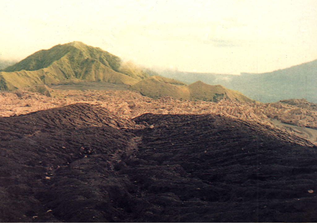 Nearly constant explosive eruptions keep the ash-blanketed crater floor of Dukono volcano unvegetated.  This view from Gunung Heneowara peak on the southern crater rim shows Gunung Telori peak at the upper left and the small Gunung Dilekene pyroclastic cone at the right-center.  The slopes of Gunung Mamuya stratovolcano rise at the extreme right above the coast.  Dukono has been in continuous eruption since 1933.   Photo courtesy of Volcanological Survey of Indonesia, 1984.