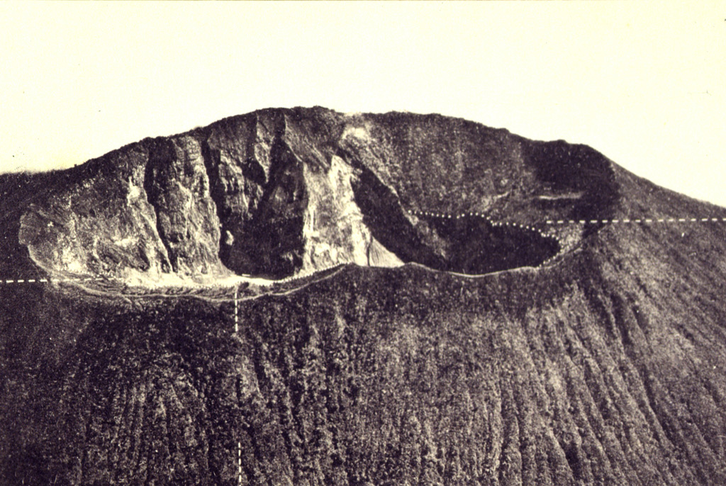 The Cereme volcano, which overlooks the city of Cirebon, has a large summit crater as seen here from the south. The edifice was constructed on the northern rim of the 4.5 x 5 km Geger Halang caldera. Eruptions have included explosive activity and lahars that have primarily originated from the summit crater. Photo published in Taverne, 1926 