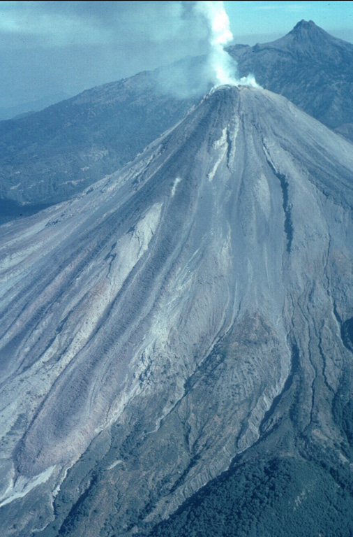 A helicopter view of Colima volcano towards the north on 8 February 1999 shows the degassing lava dome and active lava flows with Nevado de Colima in the background. A single flow originated from the summit dome, but the light-colored topographic high on the upper SW flank caused it to split into separate lobes. The easternmost lobe can be seen here descending diagonally to the lower left. The lava flow from 1991 was completely covered by this new flow. Photo by Jim Luhr, 1999 (Smithsonian Institution).