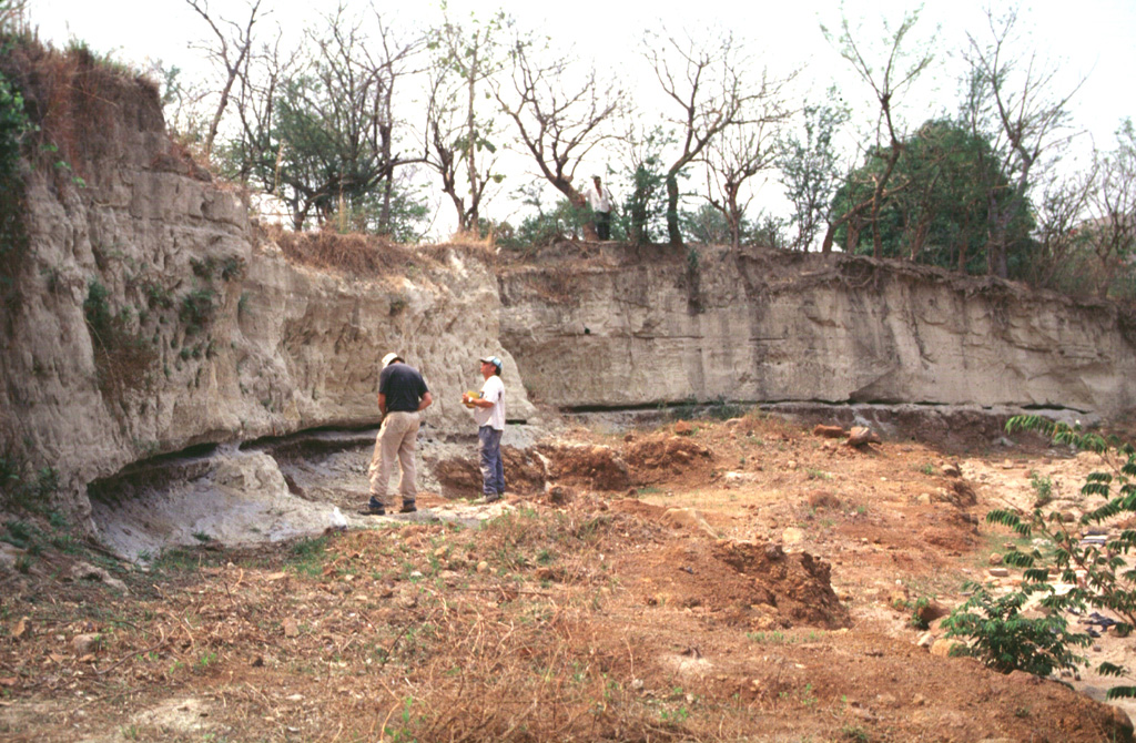 Geologists investigate an outcrop of the Tierra Blanca Joven (TBJ) formation about 10 km SE of Ilopango caldera where it originated. The TBJ was produced during the last of four major explosive eruptions that formed the caldera and deposited pyroclastic flows, ashfall, and pumice across much of central and western El Salvador. The eruption destroyed early Mayan cities and forced their abandonment for decades to centuries. Trade routes were disrupted, and the centers of Mayan civilization shifted from the highland areas of El Salvador to lowland areas to the north and in Guatemala. Photo by Carlos Pullinger, 1996 (Servicio Nacional de Estudios Territoriales, El Salvador).