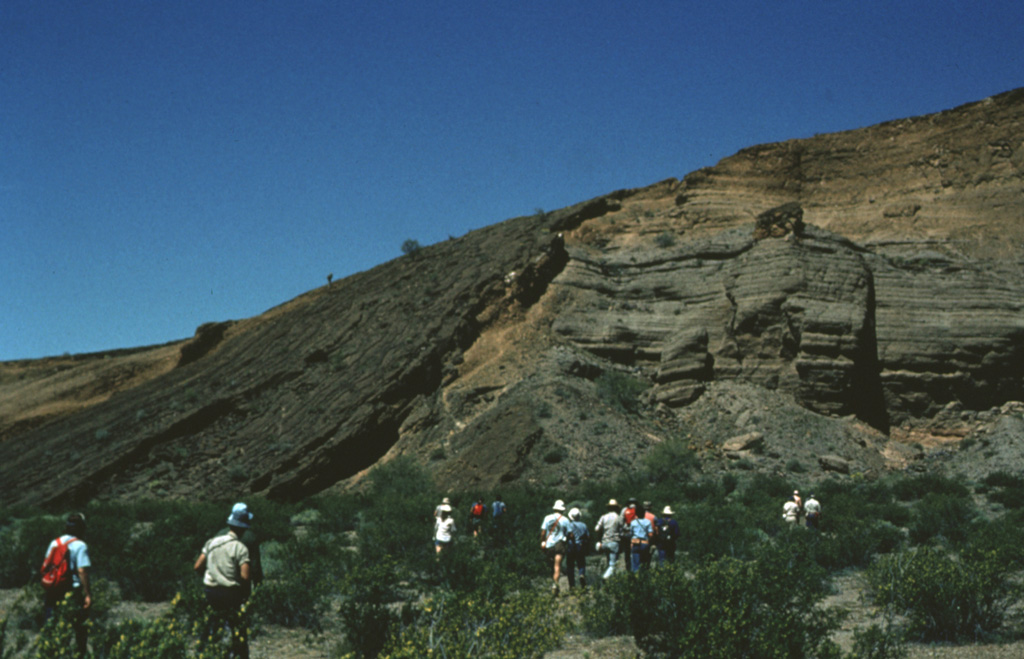 Participants in a geological field excursion examine the stratigraphy within the Cerro Colorado maar. The outcrop exposes a variety of deposits produced by several episodes of phreatomagmatic activity. The south crater walls here reveal layered tuff deposits and material from the collapse of the inner crater wall into the vent. Steeply dipping dark-colored tuff beds (left) can be traced from the crater floor up and over the walls, and then down the outer flanks of the cone. Photo by Bill Rose, 1978 (Michigan Technological University).