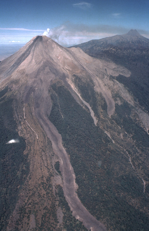 This 3.5-km-long lava flow was emplaced in 1975-76 at Colima. The flow split into two lobes on the upper flank; a shorter lobe drops diagonally to the right just below the light-colored barranca wall (center). Another flow during this eruption traveled down the NE flank and diverged around El Volcancito, the lava dome forming the ridge on the NE (right-hand) flank. A plume drifts to the NE toward the summit of Nevado de Colima. Photo by Bill Rose, 1989 (Michigan Technological University).
