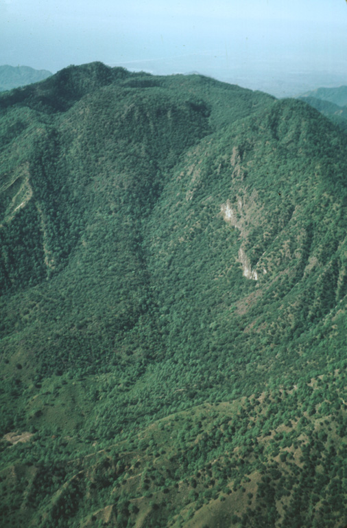 Following the eruption of the Tepic Pumice and the formation of an elongated caldera at the summit of San Juan volcano, a lava dome was constructed within the caldera.  The dome forms the rounded forested area in front of the western caldera rim, which marks the horizon.  The caldera is 4 km wide in the E-W direction of this photo and 1 km wide in a N-S direction.  Andesitic lava flows (left center) erupted from the dome and flowed across the caldera floor to its eastern side. Photo by Jim Luhr, 1979 (Smithsonian Institution).