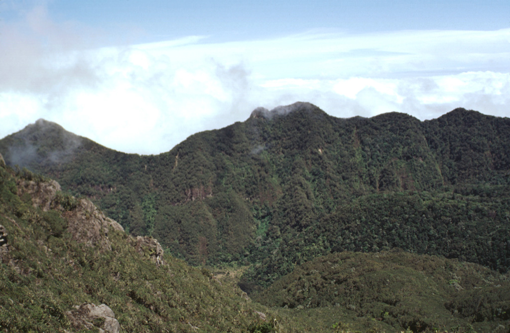 The northern area of the Volcán Barú collapse scarp is seen here from near the summit. The scarp at this point is about 300 m high, much of which has been filled in by a lava dome complex. The massive horseshoe-shaped collapse scar formed as a result of edifice collapse and is about 10 km long and 6 km wide.  Photo by Lee Siebert, 1998 (Smithsonian Institution).
