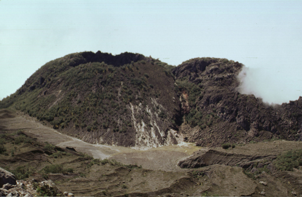 Some of the youngest lava domes of Volcán Barú are SW of the summit dome and rise about 80 m high. The summit of the SE-most dome (left) has a roughly 200-m-wide crater. Photo by Paul Kimberly, 1998 (Smithsonian Institution).