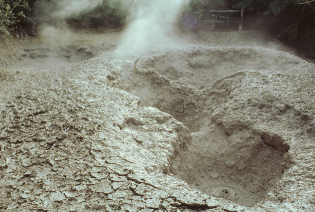 Emissions rise from mud pools at the Aguas Termales thermal area, one of several at the lower southern flank of the Rincón de la Vieja massif in the national park of the same name. Photo by Paul Kimberly, 1998 (Smithsonian Institution).