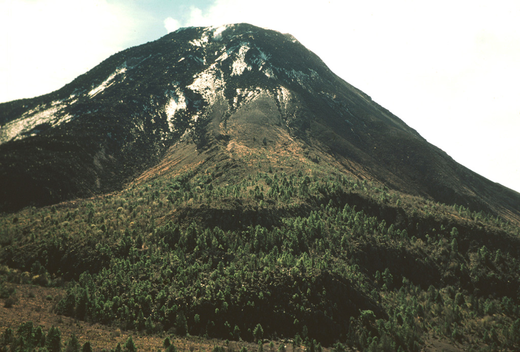 The exact age of the forested lava flow with the lobate margins in the foreground below El Volcancito on the NE flank of Colima is not known, but it may have been erupted in 1872. The 0.06 km3 lava flow traveled over the NW rim of the summit crater. Large explosive eruptions took place in 1872, and ash covered a >30 km radius. An explosion on 10 January 1873 caused ashfall 200 km away in Zamora. Photo by Jim Luhr, 1978 (Smithsonian Institution).