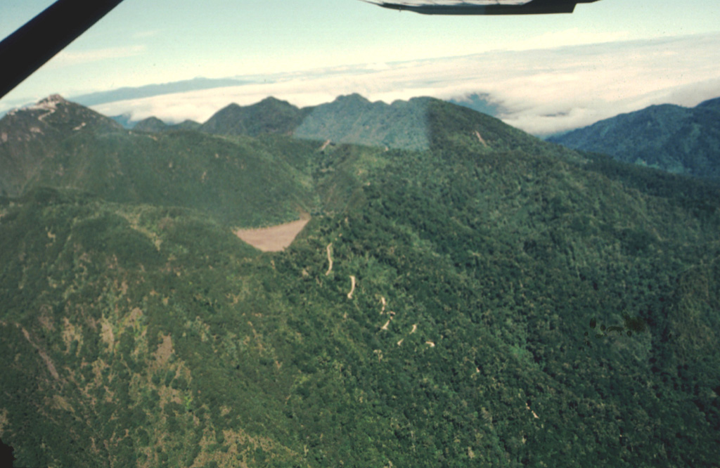 The light brown area in the center of the photo is the surface of lake sediments deposited in a small former lake on Volcán Barú. The steep switchback dirt road leads from Boquete up the outer flanks towards the lake and then ascends the flanks of the dome complex towards the summit (upper left). Photo by Kathleen Johnson, 1998 (University of New Orleans).