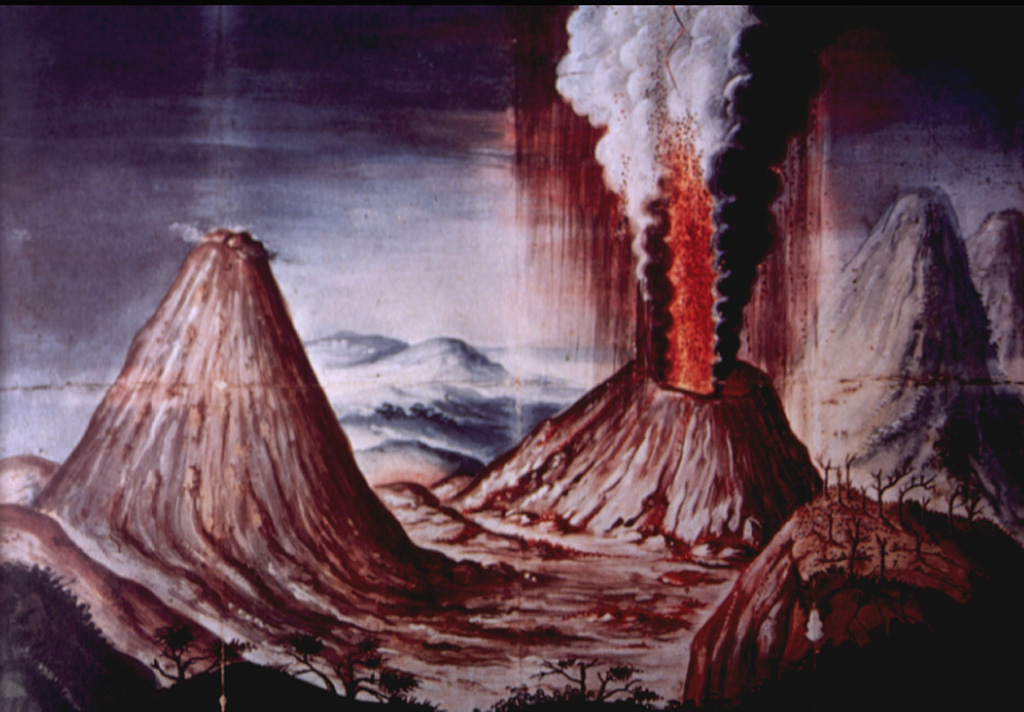 This contemporary painting of the 1775 Pacaya eruption of shows a lava fountain and ash plume rising above Cerro Chino. The perspective of the painting is from Meseta on the NE rim of Pacaya's large summit caldera. To the left is MacKenney cone, and to the far right is Volcán de Agua. An explosive eruption, one of the largest in historical time from Pacaya, began on 1 July 1775 and produced extensive ashfall and a lava flow.   Anonymous painting (courtesy of Ministerio de Educación, Cultura y Deporte, Archivo General de Indias, Seville).