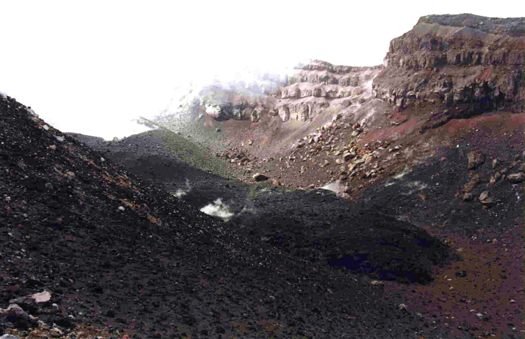 The dark lava flow lobe extending diagonally across the 1963 crater floor from the upper left is the December 1998 Lopevi intracrater lava flow (seen from the SE) after eruptive activity had resumed. The flow, ~100 m long and 10 m wide, originated from the small cone seen steaming at the upper left.  Photo by Michel Lardy, 1998 (Institut de Recherche pour la Développment, Vanuatu).