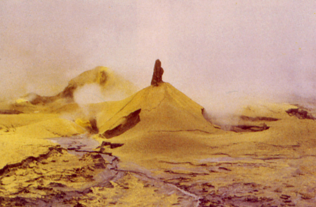 Small cones of mud and sulfur up to 3 m high formed on the active crater floor during 1989. Eruptive activity from June 1987 to June 1990 included phreatic explosions within the crater lake ejecting mud and sulfur, the formation of temporary small pools of sulfur-rich water, and the emission of sulfur flows up to 30 m long. Acidic gas plumes caused extensive damage to vegetation on the flanks. Photo by Jorge Barquero, 1989 (Universidad Nacional Costa Rica).