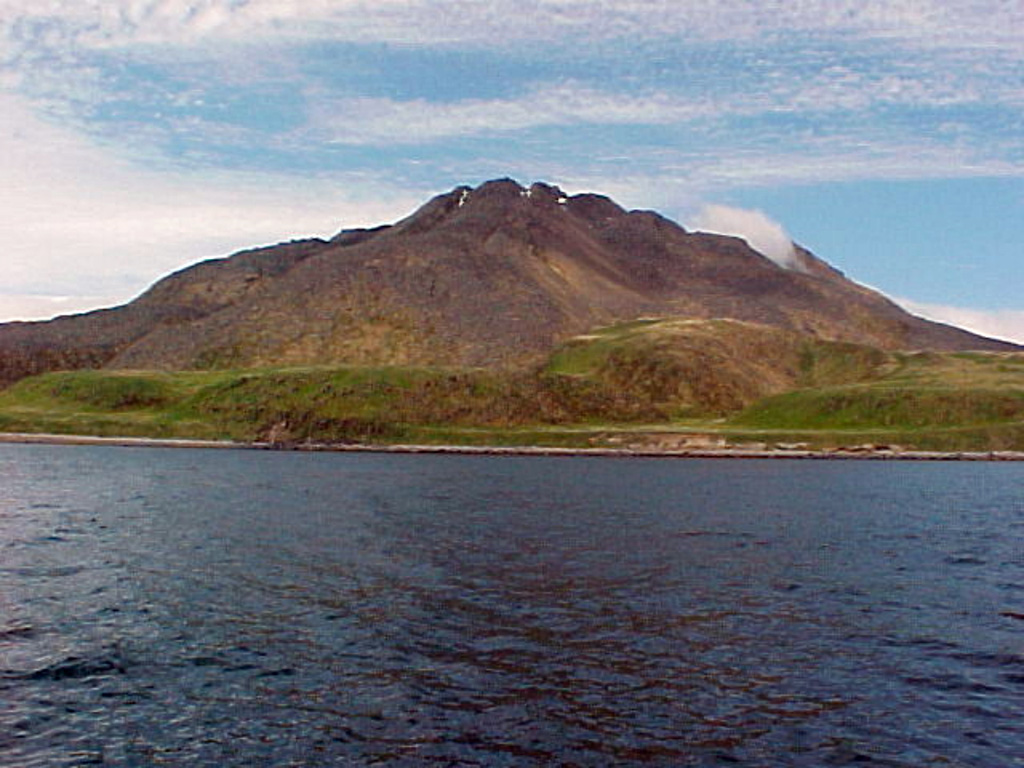 Amak, the easternmost of the Aleutian Islands, lies north of the tip of the Alaskan Peninsula. Like Bogoslof, it lies north of the main Aleutian volcanic front. Lava flows with prominent levees were emplaced in historical eruptions during 1700-1710 and in 1796. Photo by Dave Roseneau, 2001 (U.S. Fish and Wildlife Service).