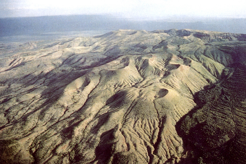Trachytic pumice cones drape the upper NE flanks of Paka volcano in this view from the NW. The dark-colored trachytic lava flow with visible flow ridges at the lower right traveled down the N flank through a breach in the caldera wall. The 1.5-km-wide summit caldera is visible to the upper right, and a large crater to the SE appears to its left. Areas with brown vegetation are geothermally active. Photo by Martin Smith, 1993 (copyright British Geological Survey, NERC).