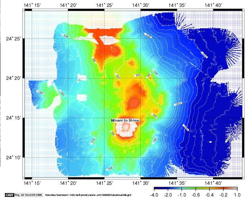 The topographic high (red) at the top of this bathymetric image is Kita-Fukutokutai submarine volcano. It is halfway between Iwojima and Minami-Iwojima islands, NW of Fukutoku-Okanoba submarine volcano (center; north of Minami-Iwojima). Water discoloration was reported several times beginning in 1937 at Kita-Fukutokutai, and in 1988 a fishing boat reported an eruption column about 100 m high, although the report was not confirmed at the time. Image courtesy of HOD Japan Coast Guard.