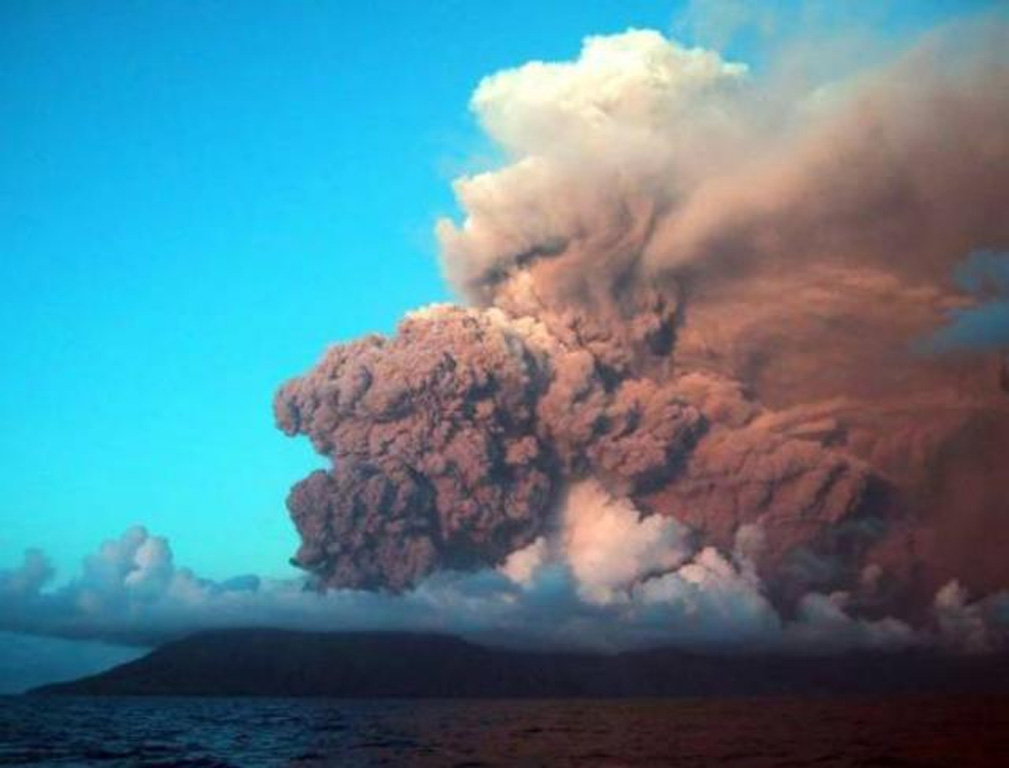 The first historical eruption of Anatahan is seen here on 10 May 2003, with an ash plume from activity that began earlier that day. The plume rose to about 4.6 km and originated from the eastern crater. Intermittent explosive eruptions took place until 16 June. Lava flows were emplaced on the floor of the caldera beginning on 4 June and later coalesced to form a small lava dome in the new 300-m-wide crater. This view is toward the SW. Photo courtesy of Commonwealth of Northern Mariana Islands, 2003.