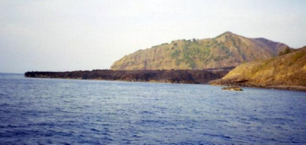 The lava delta extending across the photo formed during the 1994-1995 eruption of Barren Island. The eruption was first noticed by the Indian Navy on 20 December 1994. Explosive activity was observed from satellite images and during visits from January to March and May 1995. Four vents were active from the summit to the S flank of the cone along a N-S south line. A new vent was observed on 11 May on the W flank of the cone that produced a lava flow. Photo courtesy of D. Chandrasekharam and others, 2003 (Indian Institute of Technology).