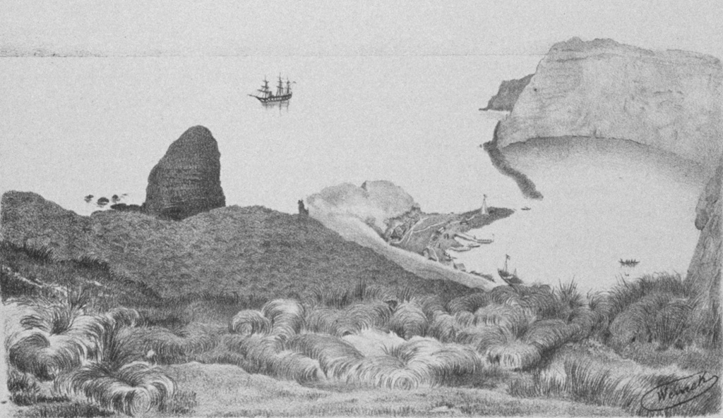 A small 1.8-km-wide caldera cuts the E side of uninhabited St. Paul Island, as depicted in this plate from the SMS Gazelle expedition. The flooded caldera has 300-m-high walls on the SW side and is narrowly constrained by low spits on the NE. Geothermal areas are located along the caldera rim and along the margins of the caldera bay. The entire NE half of the volcano forming much of the island now lies beneath the sea. Plate from the SMS Gazelle expedition (courtesy of NOAA Photo Library).