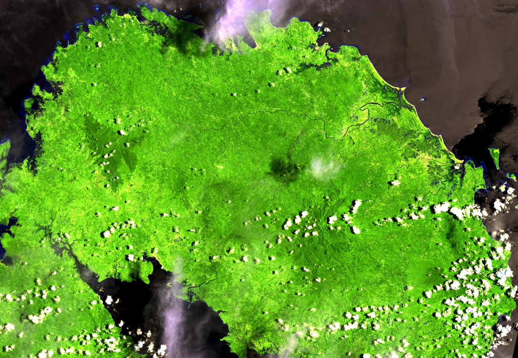 This Landsat image shows the forested Labo lies between the Ragay Gulf (lower left) and Pacific Ocean (top) at the NW end of the Bicol Peninsula in SE Luzon. It is surrounded by numerous lava domes. Eruptive activity ceased during the Pleistocene, but thermal activity in the form of hot and warm springs continues. NASA Landsat image, 2000 (courtesy of Hawaii Synergy Project, Univ. of Hawaii Institute of Geophysics & Planetology).