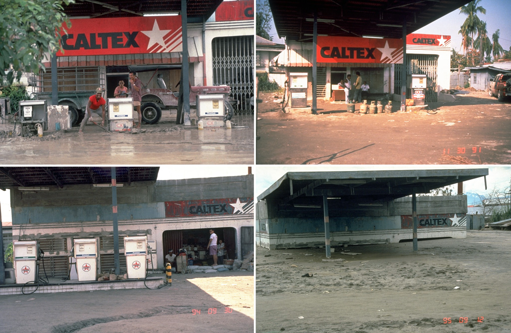 Owners of a service station in the city of Bacolor, 38 km SE of Pinatubo in the Philippines, adapted to ongoing lahars over many years; note the garage door opening at right and the height of the canopy in each photo. On 12 September 1991 (upper left), 10 days after the end of the 1991 eruption, they dug out gas pumps buried by 1-m-thick lahar deposits. By 30 November 1991 (upper right) they had raised the pumps to the new ground level. Three years later, in September 1994 (bottom left), the pumps had again been raised, to a ground surface now half the height of the original garage opening. A year later (bottom right) a 5-m-high lahar deposit filled the garage, and the station had been abandoned. Photos by Chris Newhall, 1991-1995 (U.S. Geological Survey).