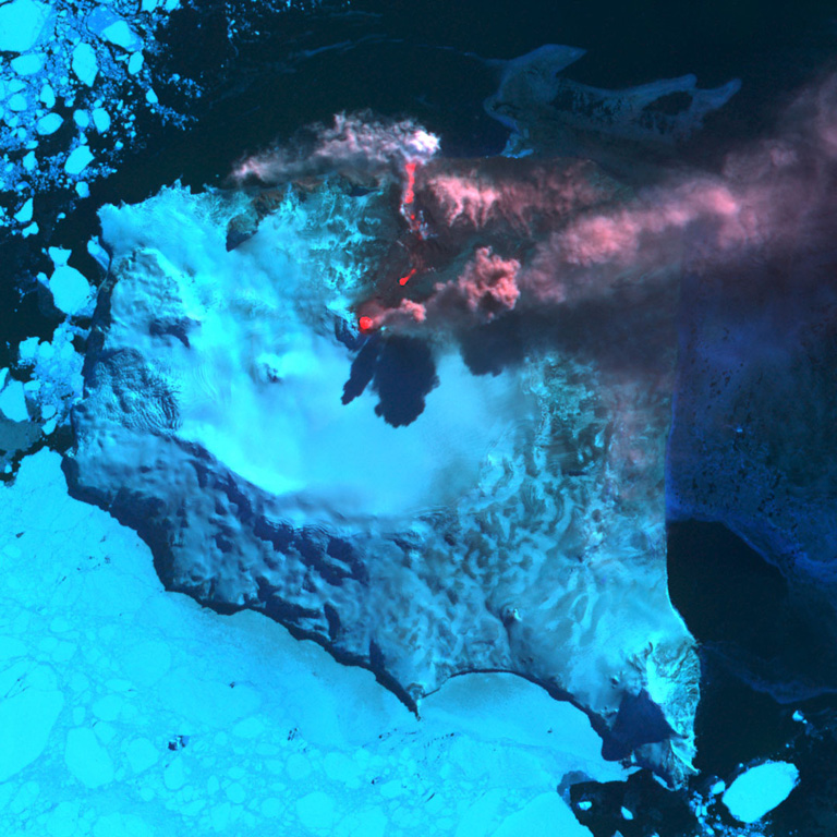 An ASTER satellite infrared image shows Montagu Island's Mount Belinda in eruption on 23 September 2005. A reddish dot (center) marks a thermal anomaly representing an active lava lake at the summit vent. An ash plume rising above the cone casts a shadow on the glacier and is blown eastward by prevailing winds. An active lava flow extends northeast of the vent, before turning to the north and entering the sea on the north coast of the island. Steam clouds are visible where the flow reaches the sea. The eruption was first detected using thermal anomalies detected by satellite instruments in October 2001. Sea ice partially surrounds the island. ASTER satellite image courtesy of Hawaii Institute of Geophysics and Planetology (HIGP) Thermal Alerts Team, 2005.
