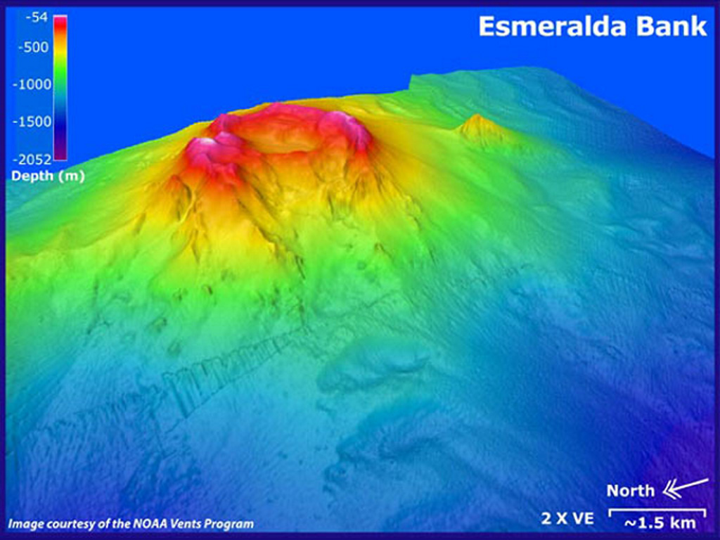 A bathymetric model with 2x vertical exaggeration shows the Esmeralda Bank submarine volcano, as seen from the NW. Depths in this image range from 54 to 2,052 m. Bathymetry data (~25 m resolution) is overlaid on SeaBat data (~50 m resolution) courtesy of Yoshihiko Tamura (JAMSTEC). The main central edifice seen here has a 3-km summit crater open to the W. Sulfur and water discoloration from eruptive or geothermal activity have frequently been observed. Image courtesy of Susan Merle (Oregon State University/NOAA Vents Program).