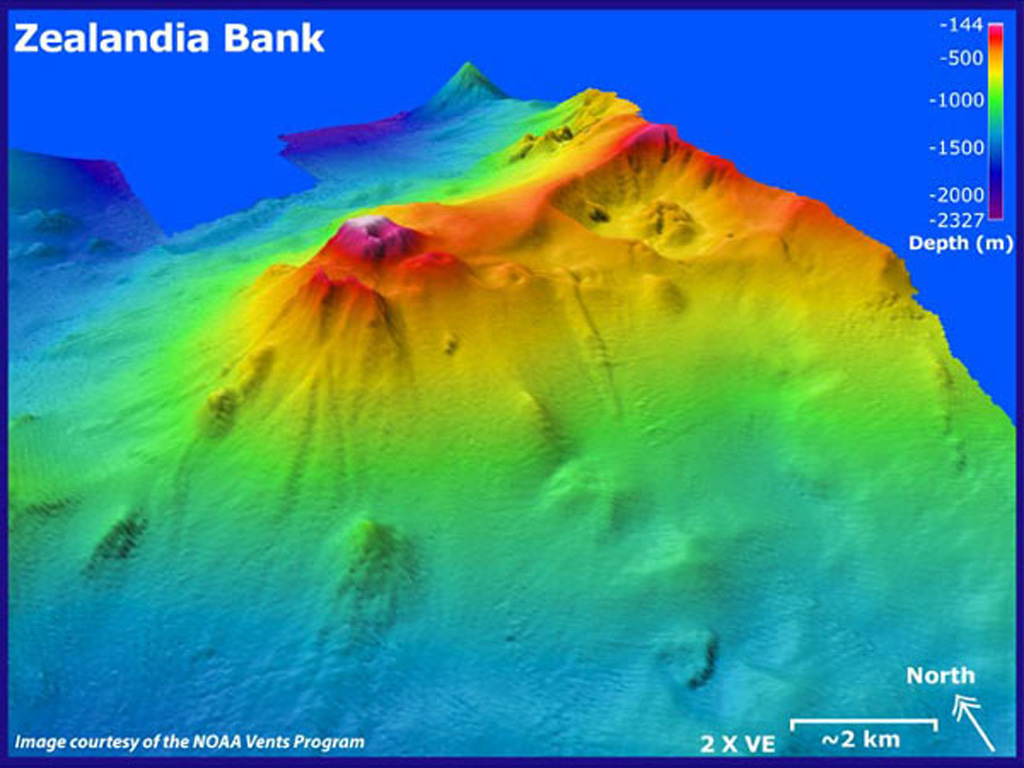 Zealandia Bank submarine volcano is seen in this NOAA Vents Program bathymetric model from the SW with 2x vertical exaggeration. It consists of two peaks about 1 km apart that rise to near the ocean surface between Guguan and Sarigan Islands. The 2004 survey detected fumarolic activity. Image courtesy of Susan Merle (Oregon State University/ NOAA Vents Program).