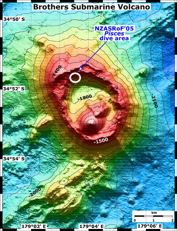 A bathymetric map of Brothers submarine volcano. The NZASRoF 2005 Pisces V dives are indicated in the NW caldera area. The contour interval is 100 m and the resolution of the bathymetry data is 25 m. The bathymetry data are provided courtesy of the New Zealand National Institute of Water and Atmospheric Research (NIWA). Image courtesy of New Zealand-American Submarine Ring of Fire 2005 Exploration, NOAA Vents Program.