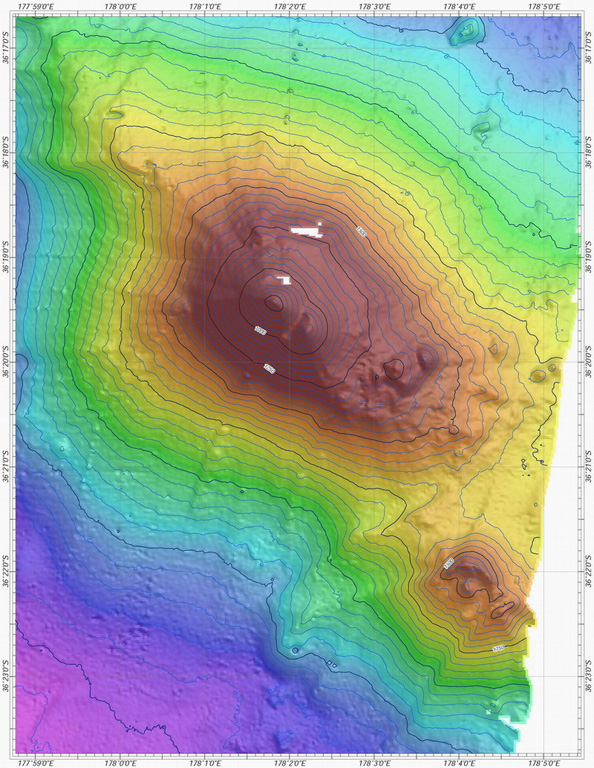 Tangaroa submarine volcano in the southern Kermadec Arc is elongated in a NW-SE direction with a summit that rises to within 600 m of the sea surface. It lies between the Clark and Rumble V submarine volcanoes near the southern end of the Kermadec arc. It is one of more than a half dozen volcanoes in this part of the arc showing evidence for active hydrothermal vent fields. Smaller cones lie on the SE flank, and a larger edifice is located further SE. Courtesy of Ian Wright (National Institute of Water and Atmospheric Research (NIWA), Wellington, New Zealand).