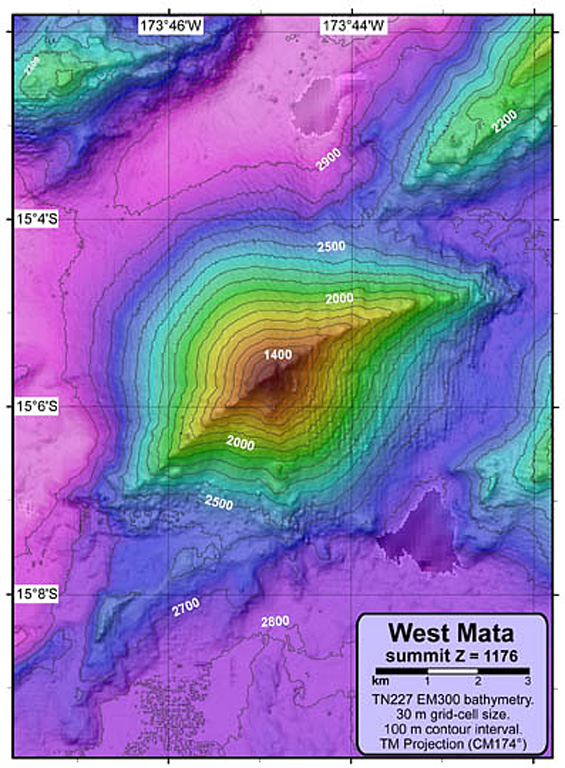 A NOAA Vents Program bathymetric map shows West Mata volcano that rises about 1,500 m from the sea floor at the N end of the Tonga arc. Submarine eruptions were detected in 2008 and 2009 from two vents. The lower flanks of East Mata volcano are visible at the middle right. Courtesy of NSF and NOAA Ocean Exploration Program, 2009.