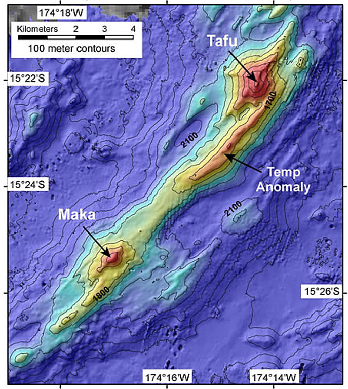 A bathymetric map prepared during a NOAA Vents Program expedition in November 2008 shows two submarine volcanoes, Tafu (Tongan for "source of fire") and Maka (Tongan for "rock"). The volcanoes lie along a NE-SW-trending ridge on the southern part of the back-arc NE Lau Spreading Center (NELSC). The November 2008 expedition discovered submarine hydrothermal plumes consistent with recent (maybe days to weeks) submarine lava effusion from Maka volcano. Courtesy of NOAA Vents Program, 2008.