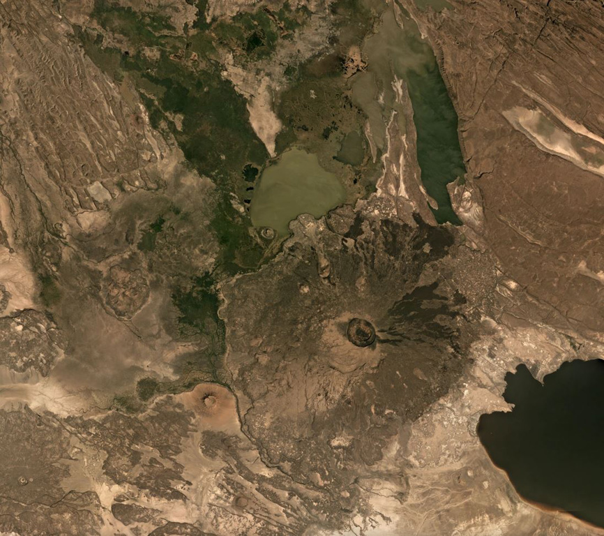 Dama Ali is located along the NW shore of Lake Abhe (right) at the southern end of the Kalo Plain, seen in this November 2019 Planet Labs satellite image monthly mosaic (N is at the top). Nested craters are at the summit, with the outermost visible crater reaching around 2 km across. Lava domes have formed along the flanks and the smaller Asmara cone is at the base of the SW flank with a summit crater approximately 800 m in diameter. Darker, more recent lava flows are also visible down the flanks. Satellite image courtesy of Planet Labs Inc., 2019 (https://www.planet.com/).