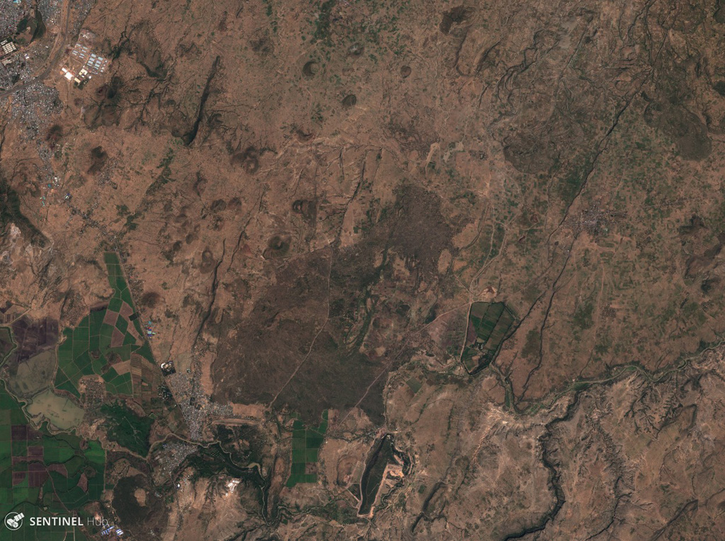 The Melkassa volcanic field is an extensive 15 x 25 km wide group of Pleistocene and Holocene cones and lava flows within the Ethiopian Rift Valley. The darker lava flows are visible in this 10 November 2019 Sentinel-2 satellite image, NE of Gedemsa caldera (N is at the top; this image is approximately 23 km across). Satellite image courtesy of Copernicus Sentinel Data, 2019.