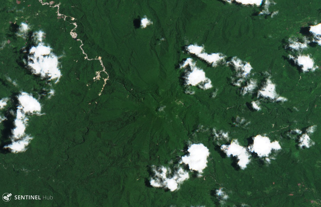 The Labo volcanic center in SE Luzon contains numerous lava domes and lahar deposits, and extensive geothermal activity. This 25 April 2019 Sentinel-2 satellite image (N is at the top) is approximately 10 km across and shows the summit area of the main edifice in the center. Satellite image courtesy of Copernicus Sentinel Data, 2019.