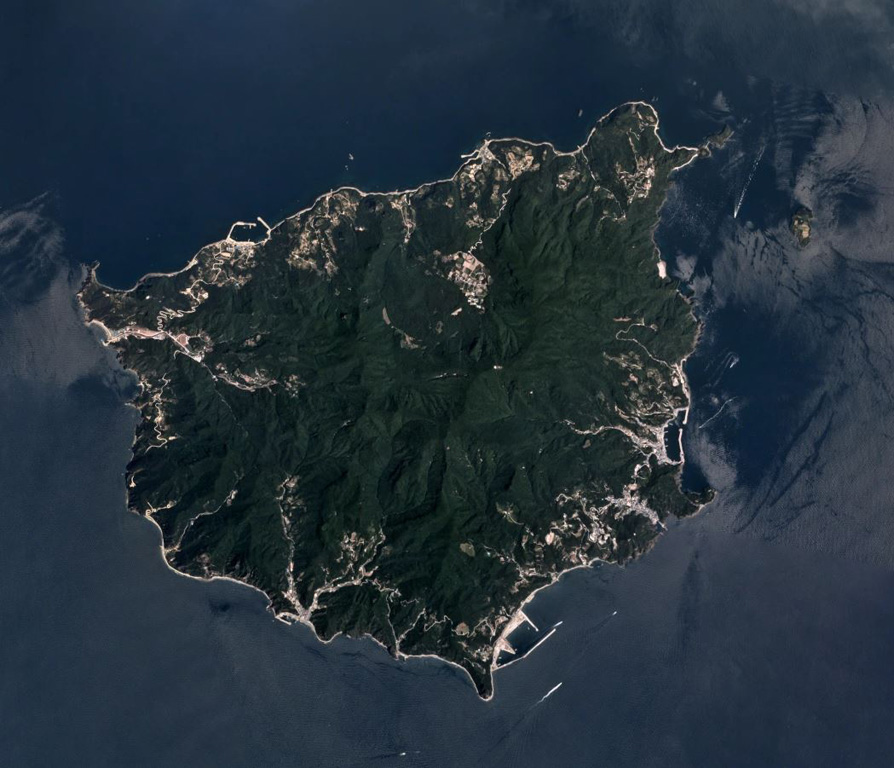 Ulreung volcano forms this small 12-km-wide island about 100 km east of the coast of the central Korean Peninsula. The extensively eroded edifice is seen in this Planet Labs June 2019 satellite image mosaic (N is at the top). It contains a caldera and was the site of a major explosive eruption at the beginning of the Holocene that produced pyroclastic flows and deposited ash across the Sea of Japan. Satellite image courtesy of Planet Labs Inc., 2019 (https://www.planet.com/).