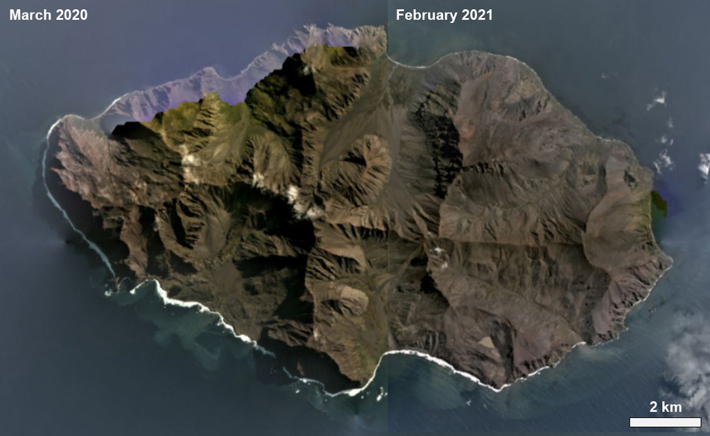 The 17.5-km-wide Ile de l' Est in the Crozet Archipelago is shown in this combined March 2020/February 2021 Planet Labs satellite image monthly mosaics. The island is largely eroded by glaciation and also contains younger scoria cones, most of which are on the eastern side. Satellite image courtesy of Planet Labs Inc., 2021 (https://www.planet.com/).