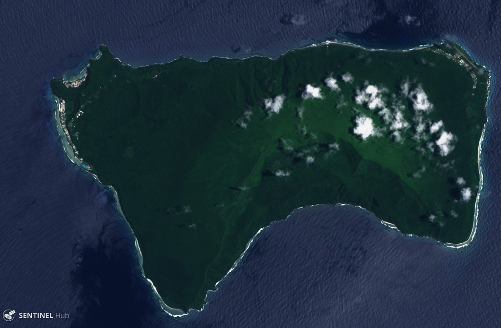 Ta’u Island in eastern American Samoa is the exposed portion of the Lata shield volcano, seen in this 29 October 2019 Sentinel-2 satellite image (N is at the top; this image is approximately 13 km across). Smaller cones and craters have formed across the flanks, and a major flank collapse event around 22 ka resulted in the steep scarps on the southern side of the island. Satellite image courtesy of Copernicus Sentinel Data, 2018.