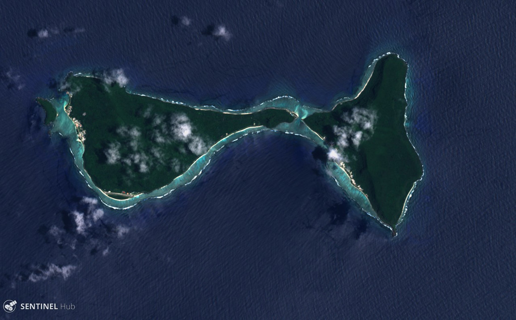 Ofu (left) and Olosega (right) in eastern Samoa are parts of the same volcano separated by the Asaga Strait, with the island group reaching nearly 9 km across (including the smaller island to the west), shown in this 29 October 2018 Sentinel-2 satellite image (N is at the top). The islands have likely been shaped by flank failures with resulting debris avalanches below sea level. Satellite image courtesy of Copernicus Sentinel Data, 2018.