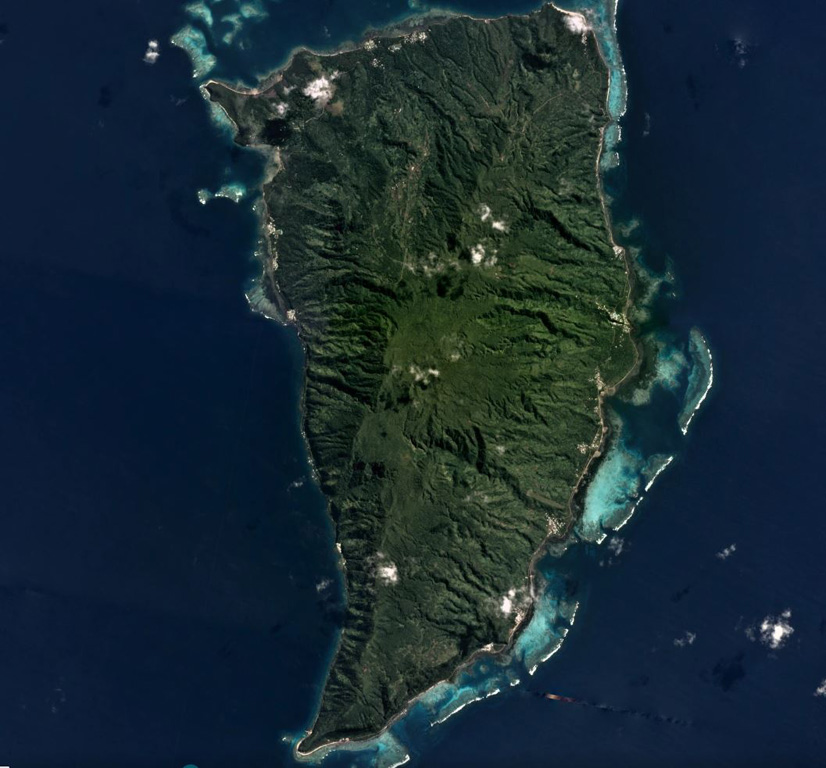 The 17-km-long Koro Island in Fiji is located between Viti Levu and Vanua Levu Islands, and is shown in this May 2018 Planet Labs satellite image mosaic (N is at the top). Late Pleistocene or possibly Holocene age scoria cones formed along the crest of the island, and younger lava flows are in the central plateau. Satellite image courtesy of Planet Labs Inc., 2018 (https://www.planet.com/).